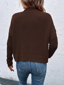 SHEIN 女款純色立領休閒百搭日常穿著長袖針織衫 - 咖啡棕 - 查看 3