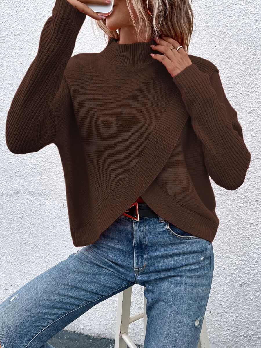 SHEIN Women's Solid Color Stand Collar Casual Versatile Daily Wear Long Sleeve Sweater