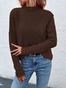 SHEIN 女款純色立領休閒百搭日常穿著長袖針織衫 - 咖啡棕 - 查看 8