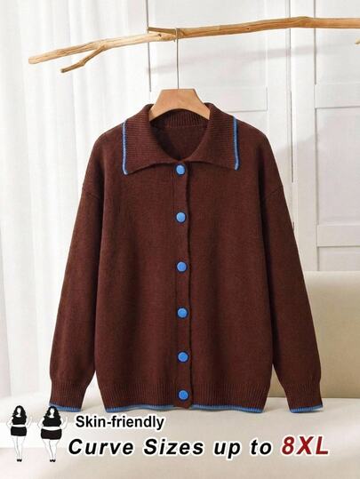 SHEIN CURVE+ เสื้อคาร์ดิแกนถักสีน้ำตาลช็อกโกแลตวินเทจสำหรับผู้หญิงไซส์ใหญ่, ขอบสีน้ำเงินเข้มตัดกัน, เสื้อกันหนาวสบายๆ
