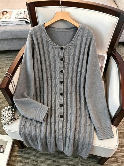 GlowEve CURVE Women's Casual Traditional Knit Cardigan Sweater, Simple Fit, Versatile, Plus Size, Long Sleeve, Autumn/Winter Office Formal Grey