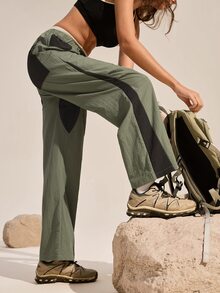 Exploreva Exploreva 女款腰部繫帶撞色休閒百搭登山褲 - 綠色 - 查看 2