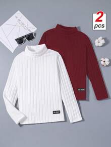 SHEIN Tween Boys 2Pcs High Neck Long Sleeve Shirt, Rib-Knit Solid Top With Letter Patch Detail, Casual Fall Winter Clothes - Multicolor - View 7