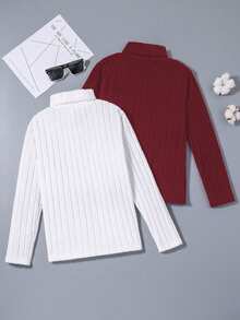 SHEIN Tween Boys 2Pcs High Neck Long Sleeve Shirt, Rib-Knit Solid Top With Letter Patch Detail, Casual Fall Winter Clothes - Multicolor - View 2