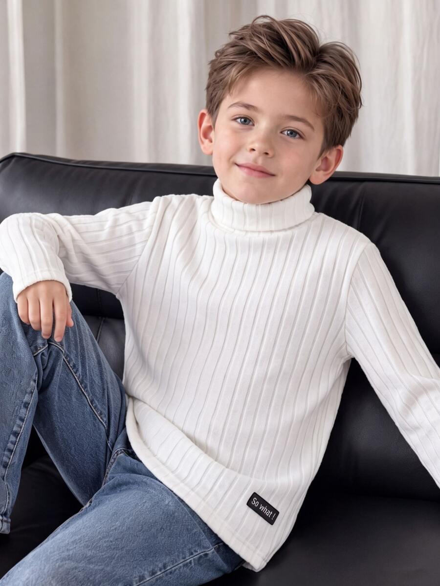 SHEIN Tween Boys 2Pcs High Neck Long Sleeve Shirt, Rib-Knit Solid Top With Letter Patch Detail, Casual Fall Winter Clothes - Multicolor - View 1