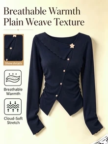 GlowEve Atasan Wanita Lengan Panjang Pelangsing, Kerah Ruffle, Dekorasi Bintang, Belahan Bawah, Kaos Dasar Lembut - MultiWarna - View 1
