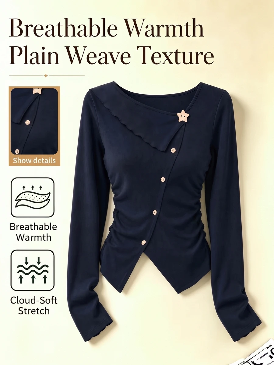 GlowEve Atasan Wanita Lengan Panjang Pelangsing, Kerah Ruffle, Dekorasi Bintang, Belahan Bawah, Kaos Dasar Lembut - MultiWarna - View 1