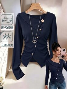 GlowEve Atasan Wanita Lengan Panjang Pelangsing, Kerah Ruffle, Dekorasi Bintang, Belahan Bawah, Kaos Dasar Lembut - MultiWarna - View 3