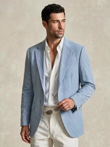 SERO LANO Blazer Pria Berkerah Lapel Motif Gingham dengan Kancing Tunggal - Blue and White - View 4