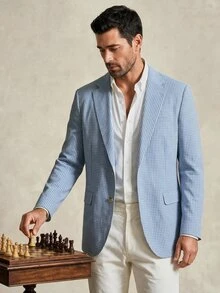 SERO LANO Blazer Pria Berkerah Lapel Motif Gingham dengan Kancing Tunggal - Blue and White - View 6