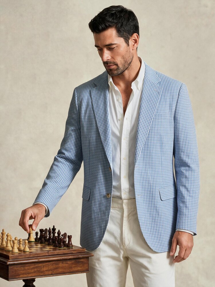 SERO LANO Men's Gingham Print Lapel Collar Single-Breasted Blazer - Blue and White - View 6