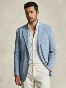SERO LANO Blazer Pria Berkerah Lapel Motif Gingham dengan Kancing Tunggal - Blue and White - View 5
