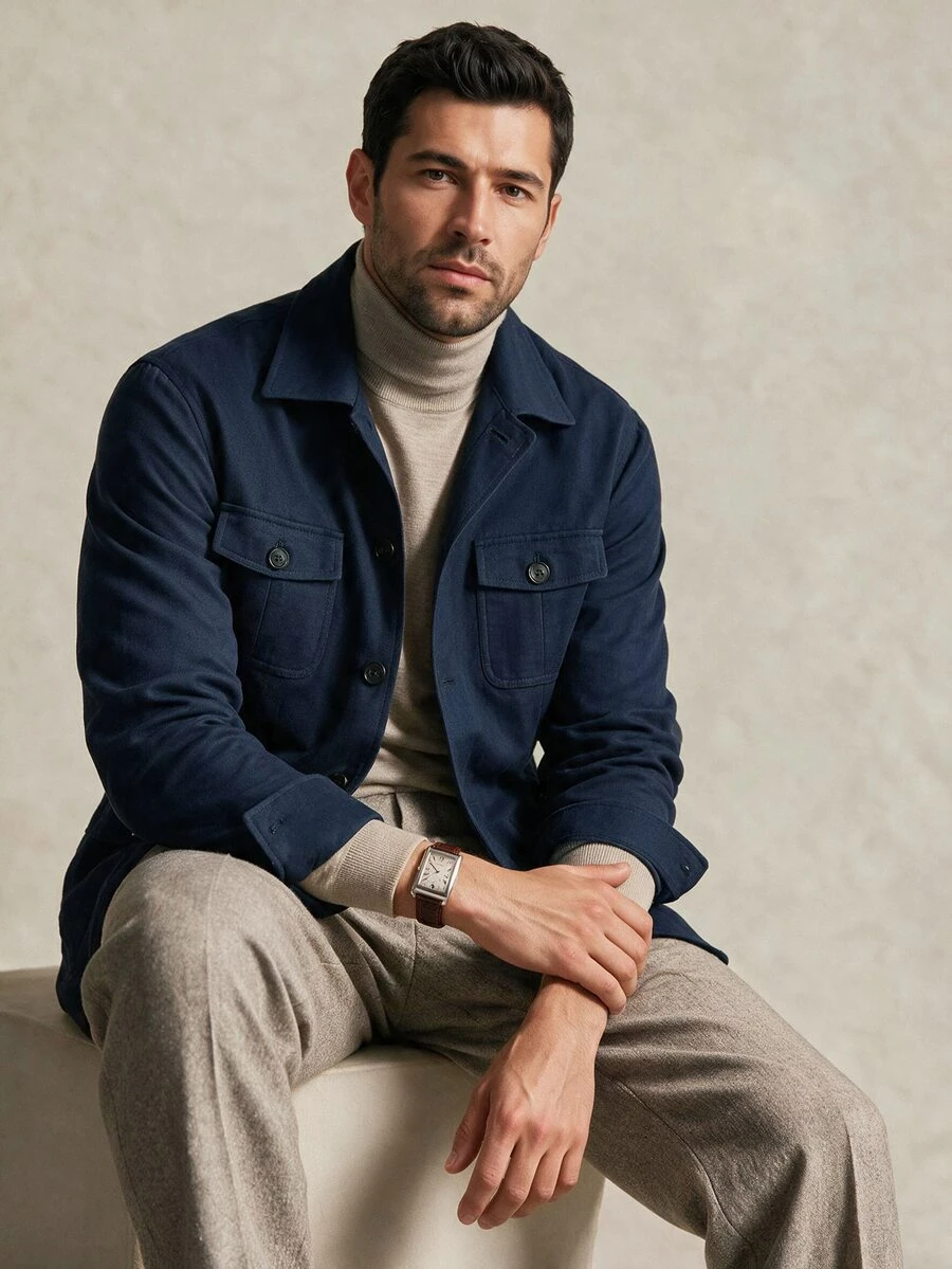 Manfinity Homme Men's Solid Color Casual Versatile Commute Travel Blazer Jacket - Navy Blue - View 1
