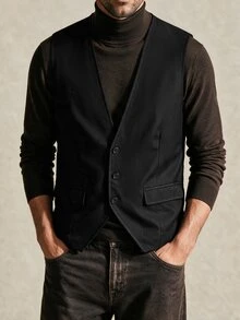 Calvornis Men's Fashionable Solid Color Single-Breasted Suit Vest, Formal, Old Money - Black - View 3