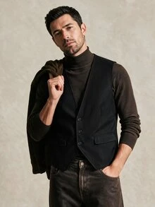Calvornis Men's Fashionable Solid Color Single-Breasted Suit Vest, Formal, Old Money - Black - View 1