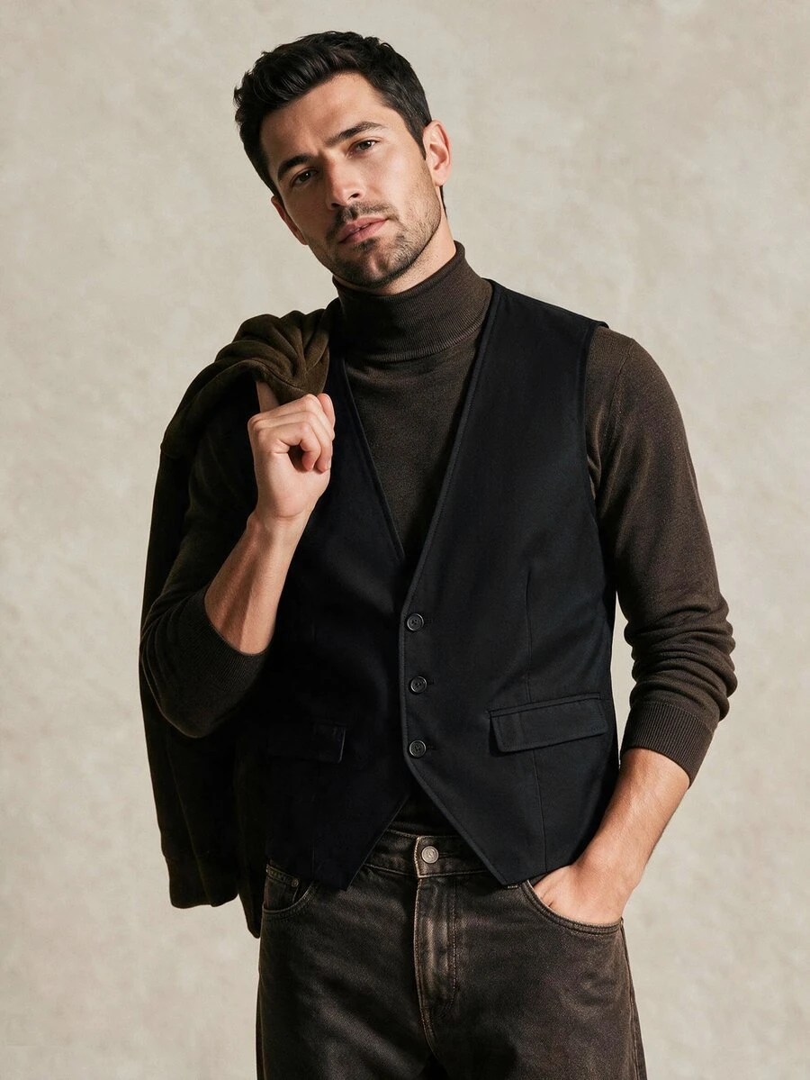 Calvornis Men's Fashionable Solid Color Single-Breasted Suit Vest, Formal, Old Money - Black - View 1