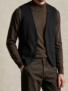 Calvornis Men's Fashionable Solid Color Single-Breasted Suit Vest, Formal, Old Money - Black - View 6
