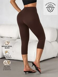 SHEIN PETITE 女款純色彈性腰休閒百搭七分長緊身褲 - 咖啡棕 - 查看 2