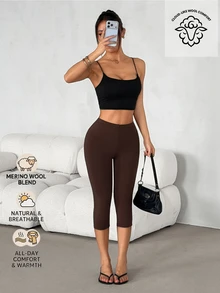 SHEIN PETITE 女款純色彈性腰休閒百搭七分長緊身褲 - 咖啡棕 - 查看 8