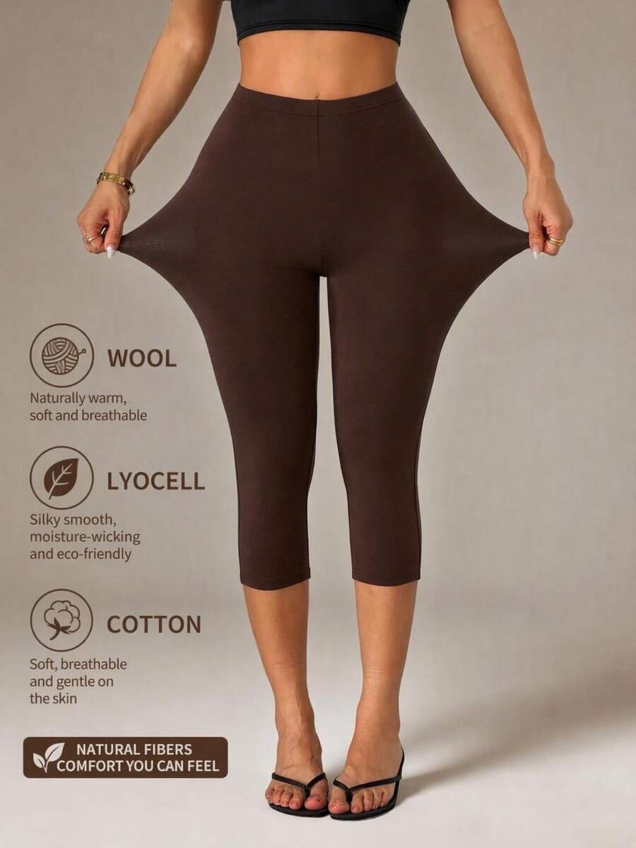 SHEIN PETITE Women's Solid Color Elastic Waist Casual Versatile 7/8 Length Leggings - Coffee Brown - View 1