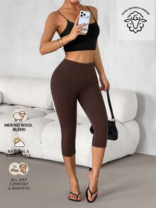 SHEIN PETITE 女款純色彈性腰休閒百搭七分長緊身褲 - 咖啡棕 - 查看 10