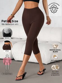 SHEIN PETITE 女款純色彈性腰休閒百搭七分長緊身褲 - 咖啡棕 - 查看 4