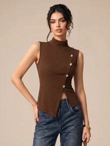 Selenza Women's New Autumn/Winter Asymmetric Design Knit Turtleneck Vest - Brown - View 5