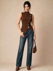 Selenza Women's New Autumn/Winter Asymmetric Design Knit Turtleneck Vest - Brown - View 1