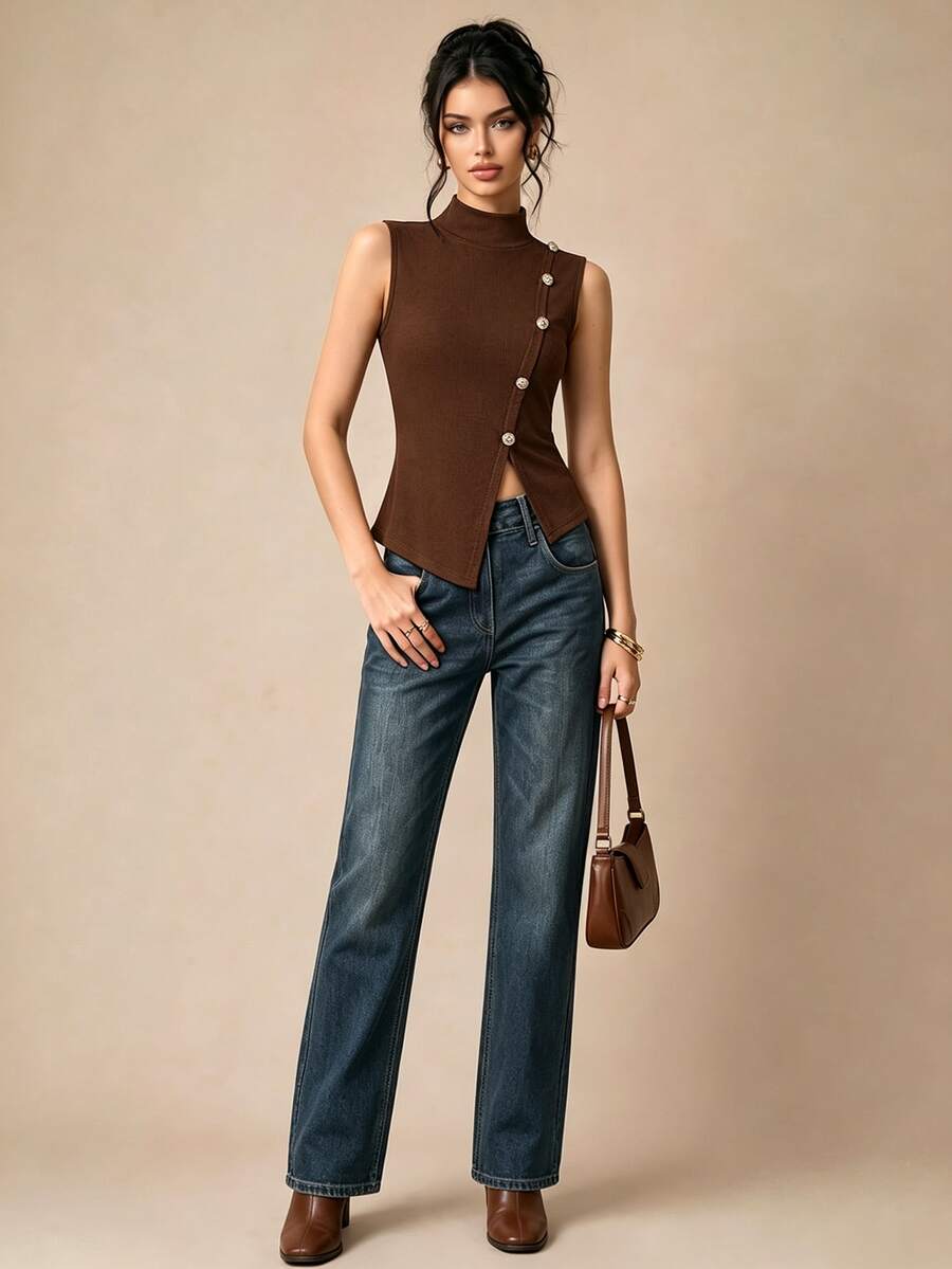 Selenza Women's New Autumn/Winter Asymmetric Design Knit Turtleneck Vest - Brown - View 1