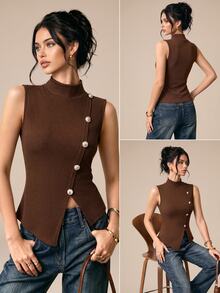 Selenza Women's New Autumn/Winter Asymmetric Design Knit Turtleneck Vest - Brown - View 3