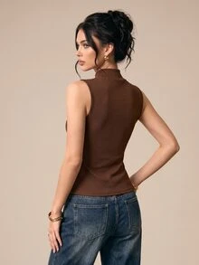 Selenza Women's New Autumn/Winter Asymmetric Design Knit Turtleneck Vest - Brown - View 2