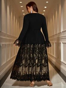 Reflora 大尺碼女款 2 件套夏季穿著 優雅 Eleganza 花卉網紗拼接夾克與裙子套裝 婚禮賓客 晚餐 正式場合 黑色米色 - 黑色 - 查看 7