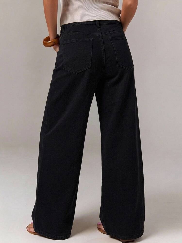 SHEIN Tall Women's Polka Dot Print Wide Leg Loose Casual Denim Jeans Fall/Winter Elegant Y2k Cute Basic Chic Halloween Graphic New Year Christmas Tall Fuzzy Flee - Black - View 2