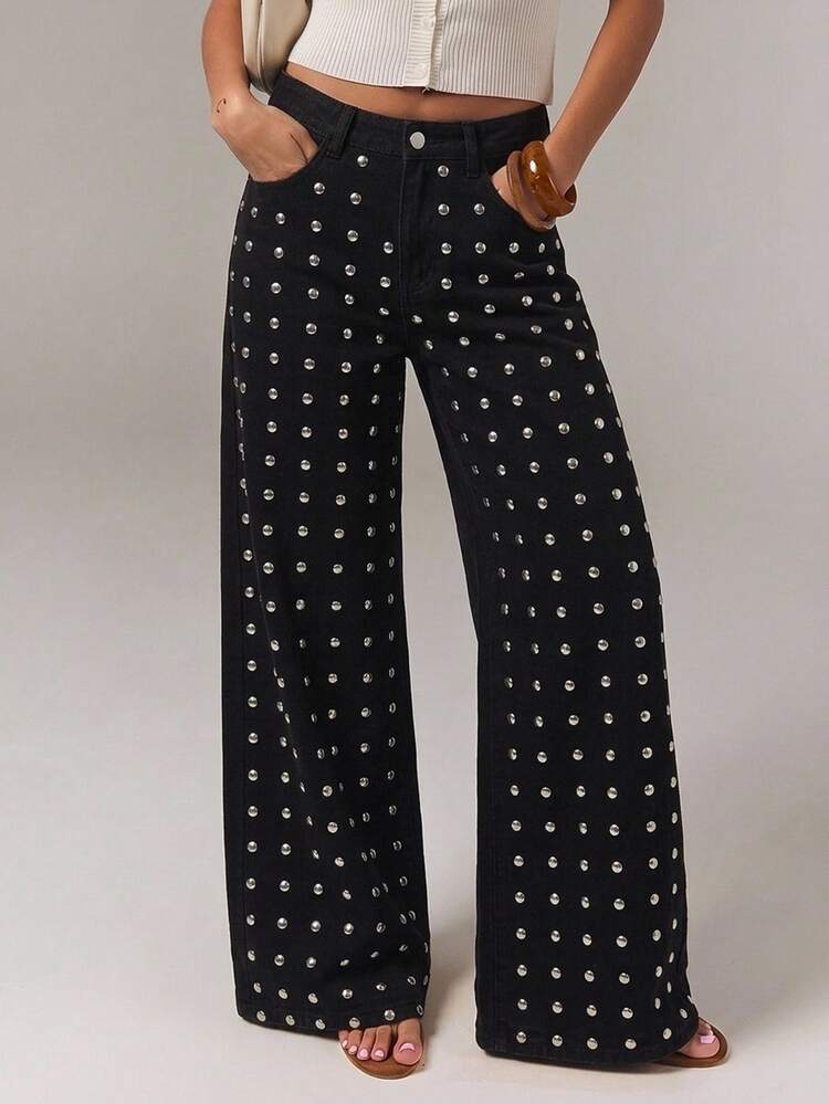 SHEIN Tall Women's Polka Dot Print Wide Leg Loose Casual Denim Jeans Fall/Winter Elegant Y2k Cute Basic Chic Halloween Graphic New Year Christmas Tall Fuzzy Flee - Black - View 6