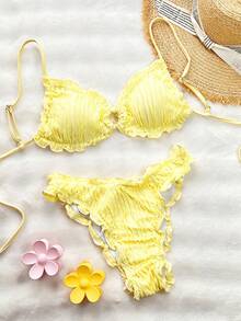 SHEIN Swim 夏季纯色提花面料可爱荷叶边可调节系带休闲沙滩比基尼套装 - 黃色 - 查看 5