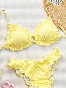 SHEIN Swim 夏季纯色提花面料可爱荷叶边可调节系带休闲沙滩比基尼套装 - 黃色 - 查看 4