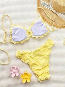SHEIN Swim 夏季纯色提花面料可爱荷叶边可调节系带休闲沙滩比基尼套装 - 黃色 - 查看 6