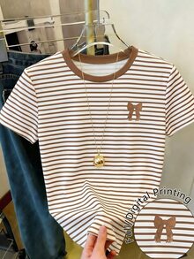 Tween Girl Casual Retro Brown Striped Bow Graphic Print Round Neck Short Sleeve T-Shirt, Suitable For Summer Daily - Multicolor - View 4