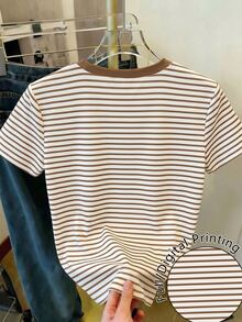 Tween Girl Casual Retro Brown Striped Bow Graphic Print Round Neck Short Sleeve T-Shirt, Suitable For Summer Daily - Multicolor - View 2