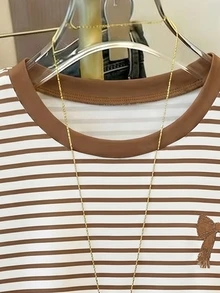 Tween Girl Casual Retro Brown Striped Bow Graphic Print Round Neck Short Sleeve T-Shirt, Suitable For Summer Daily - Multicolor - View 5