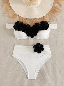 SHEIN Swim 女款比基尼泳衣 全白色 夏季休閒 度假派對度假用 3D花卉優雅無鋼圈針織兩件套 適用海灘泳池新年 - 彩色 - 查看 8