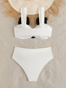 SHEIN Swim 女款比基尼泳衣 全白色 夏季休閒 度假派對度假用 3D花卉優雅無鋼圈針織兩件套 適用海灘泳池新年 - 彩色 - 查看 2