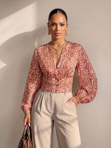 Structelle Allover Print Lantern Sleeve Crop Blouse - Multicolor - View 7
