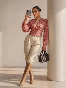 Structelle Allover Print Lantern Sleeve Crop Blouse - Multicolor - View 1