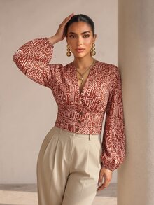 Structelle Allover Print Lantern Sleeve Crop Blouse - Multicolor - View 3