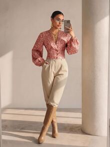 Structelle Allover Print Lantern Sleeve Crop Blouse - Multicolor - View 6