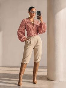 Structelle Allover Print Lantern Sleeve Crop Blouse - Multicolor - View 4