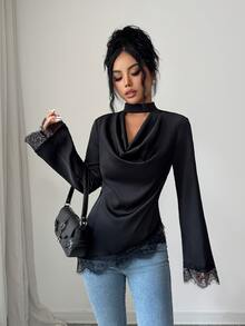 Selianne Blus Wanita Musim Gugur/Dingin 2026 dengan Kerah Model Cowl dan Patchwork Renda yang Mengencangkan Pinggang - Hitam - View 3