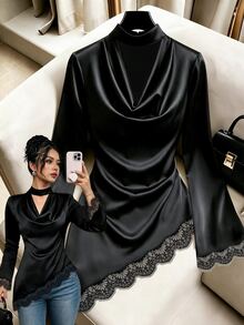 Selianne Blus Wanita Musim Gugur/Dingin 2026 dengan Kerah Model Cowl dan Patchwork Renda yang Mengencangkan Pinggang - Hitam - View 4