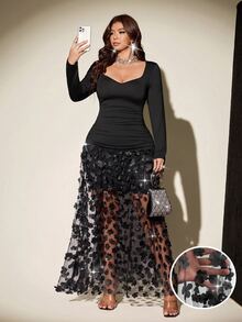 Viva Relle Plus Size Knitted French Style Heart-Shaped Square Neck Long Sleeve Slim Fit 3D Lace Elegant Evening Dinner Cocktail Dress Black Fall Halloween - Black - View 8